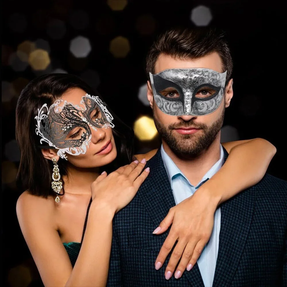 Masquerade Masks Set Metal Lace Sequin Plastic Adjustable for Party Halloween